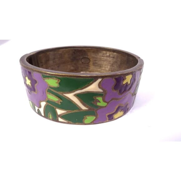 Vintage Neiman Marcus Lee Angel Brass Enamel Flower Hinge Cuff Bracelet NWT 198 - Picture 2 of 11